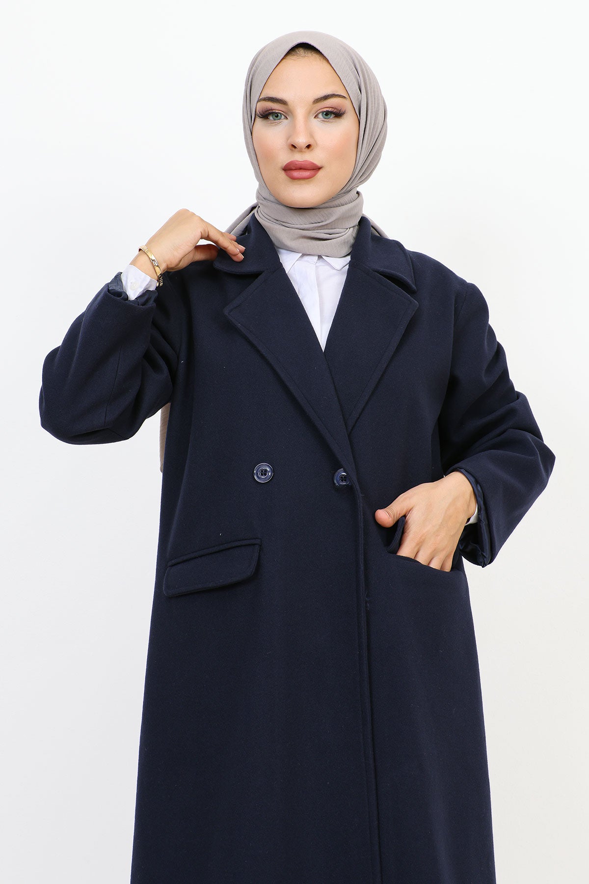 Kaschmirmantel mit Abdecktaschen / Navy Blau