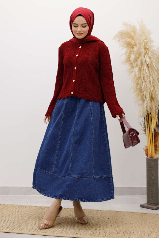 Strickjacke kurz mit Strickmuster und Knöpfen / Bordeaux