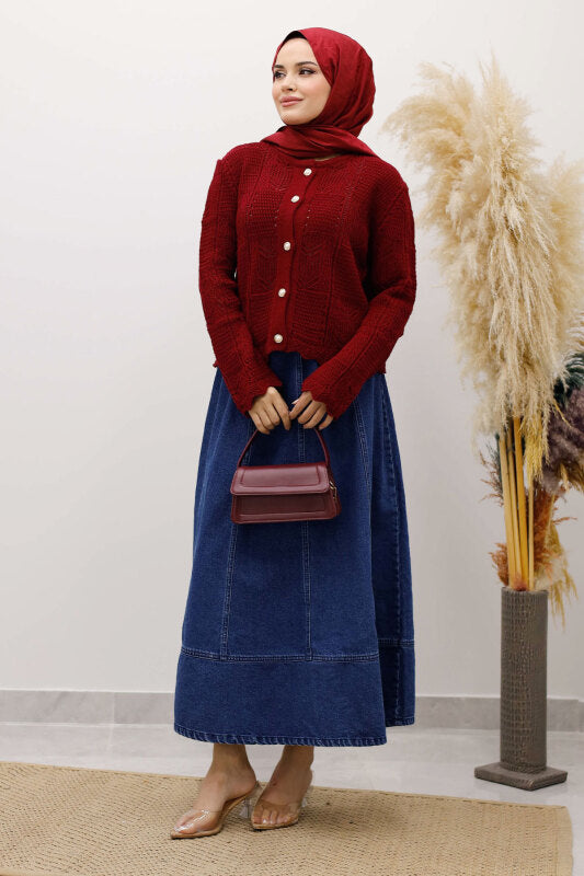 Strickjacke kurz mit Strickmuster und Knöpfen / Bordeaux