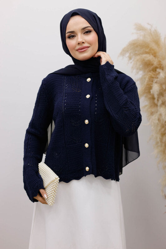Strickjacke kurz mit Strickmuster und Knöpfen / Navy Blau