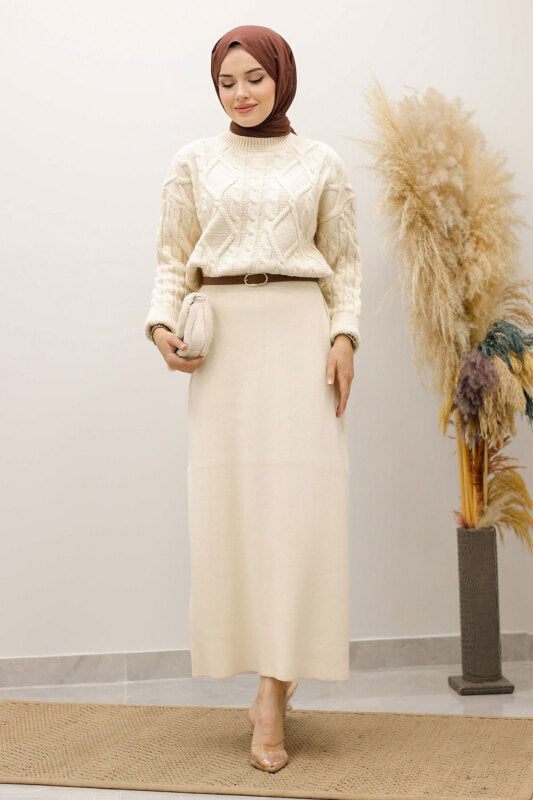 Strickpullover mit Flechtmuster / Beige