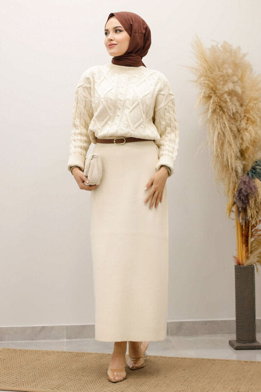 Strickpullover mit Flechtmuster / Beige