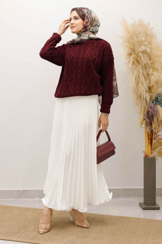 Strickpullover mit Flechtmuster / Bordeaux