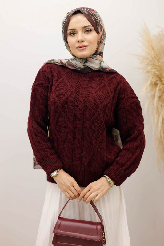 Strickpullover mit Flechtmuster / Bordeaux