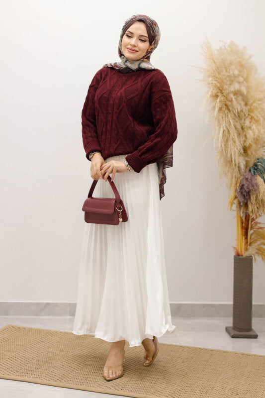 Strickpullover mit Flechtmuster / Bordeaux