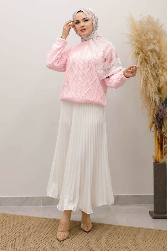 Strickpullover mit Flechtmuster / Rosa
