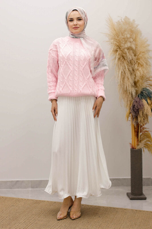 Strickpullover mit Flechtmuster / Rosa
