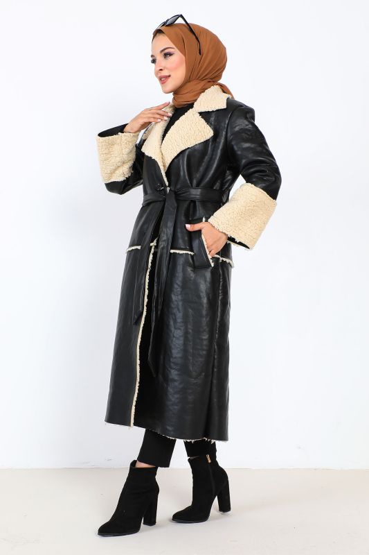 Lederoptik Jacke mit Samtfutter / Schwarz