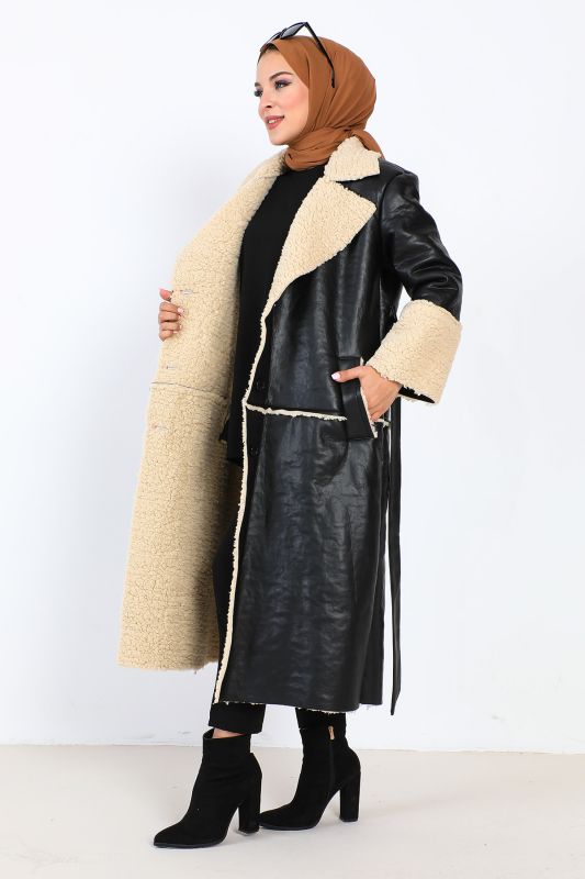 Lederoptik Jacke mit Samtfutter / Schwarz