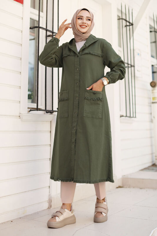 Jeansjacke lang mit Quasten / Khaki