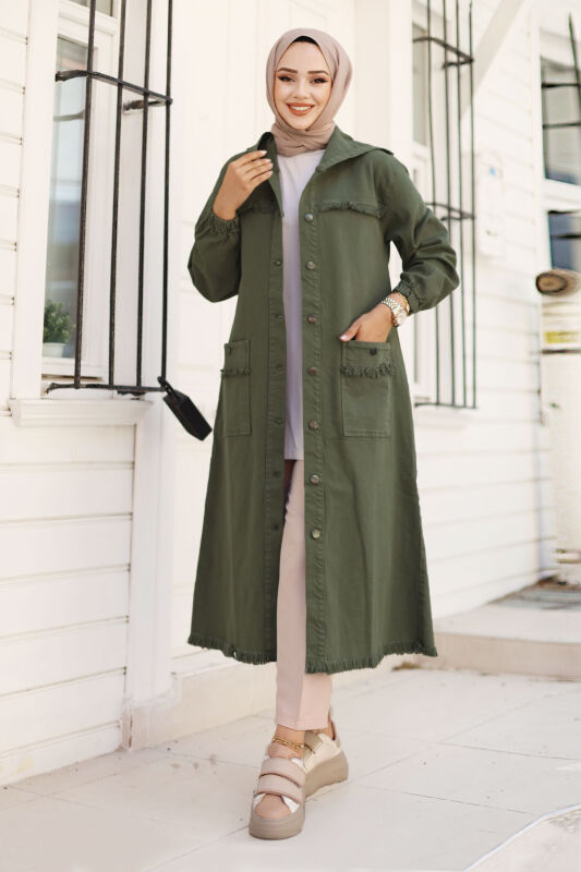 Jeansjacke lang mit Quasten / Khaki
