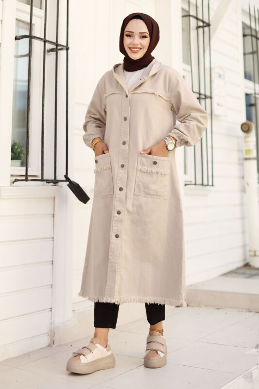 Jeansjacke lang mit Quasten / Beige
