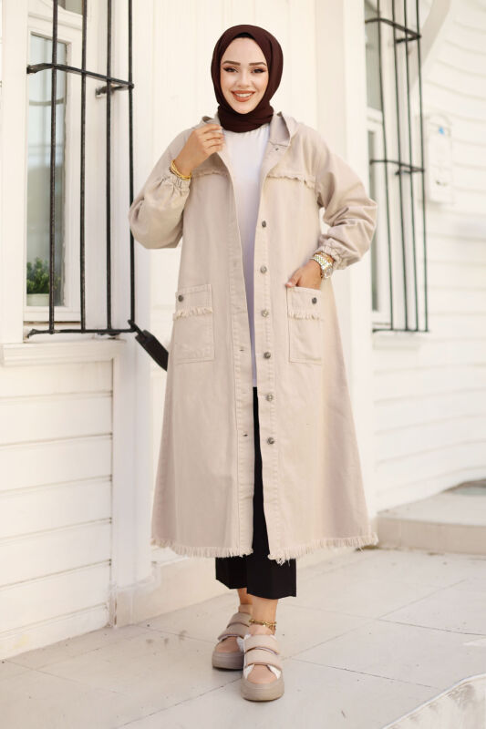 Jeansjacke lang mit Quasten / Beige