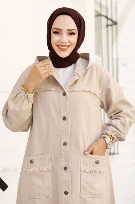 Jeansjacke lang mit Quasten / Beige