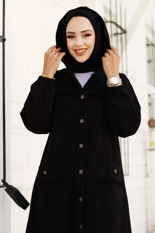 Jeansjacke lang mit Quasten / Schwarz