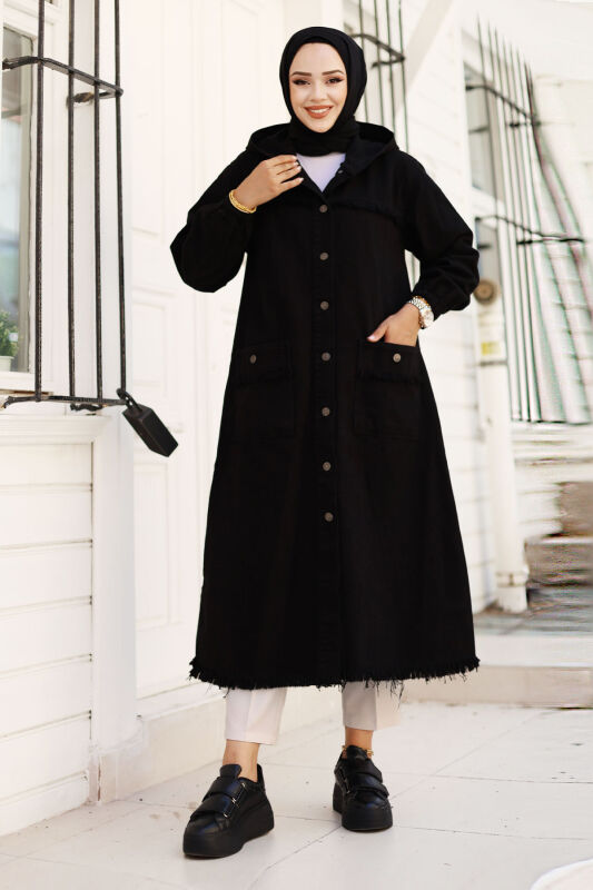 Jeansjacke lang mit Quasten / Schwarz
