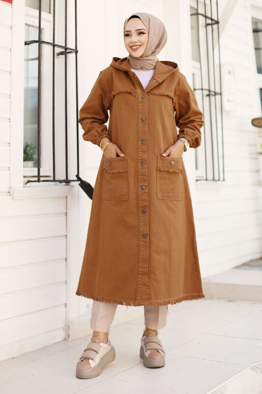 Jeansjacke lang mit Quasten / Camel