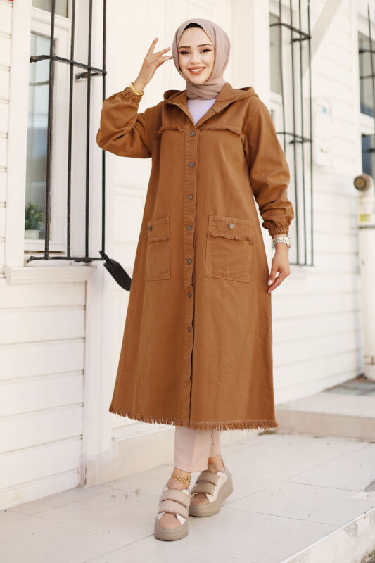 Jeansjacke lang mit Quasten / Camel