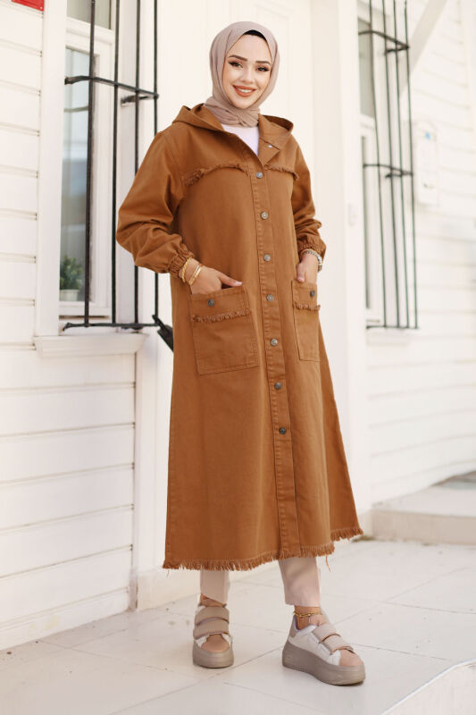 Jeansjacke lang mit Quasten / Camel