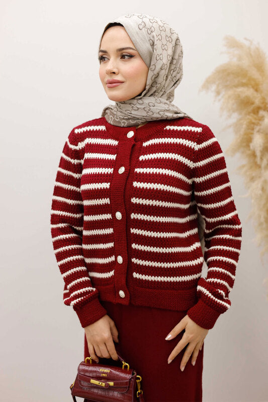 Strickjacke gestreift mit Knöpfen / Bordeaux