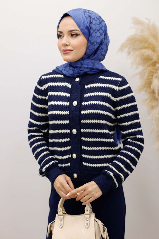 Strickjacke gestreift mit Knöpfen / Navy Blau
