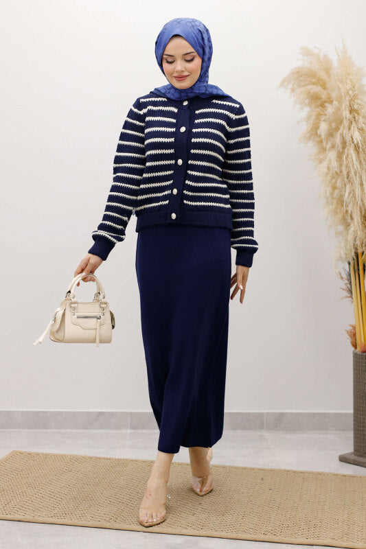Strickjacke gestreift mit Knöpfen / Navy Blau