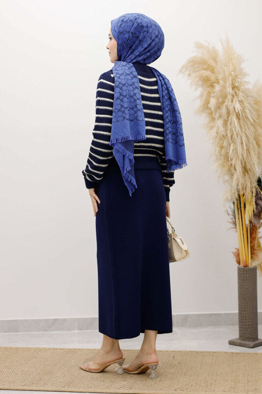 Strickjacke gestreift mit Knöpfen / Navy Blau