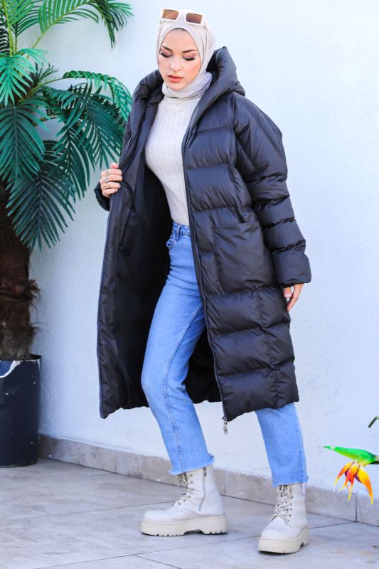 Puffer-Jacke mit Kapuze / Anthrazit