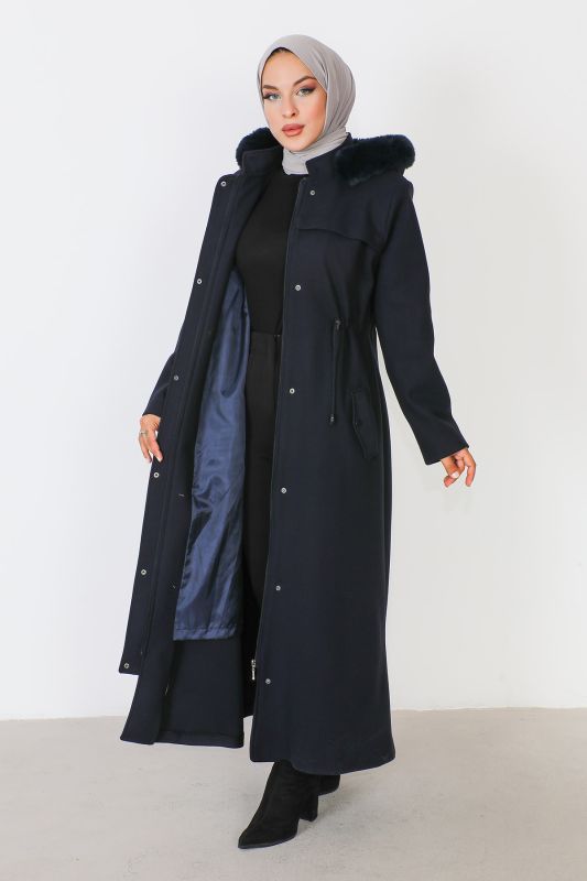 Kaschmirmantel i. v. Länge mit verstecktem Reißverschluss u. Kapuze / Navy Blau
