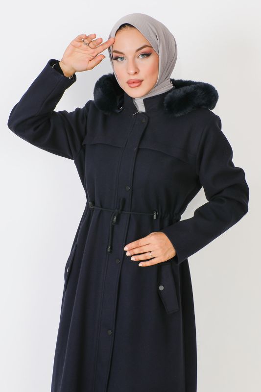Kaschmirmantel i. v. Länge mit verstecktem Reißverschluss u. Kapuze / Navy Blau