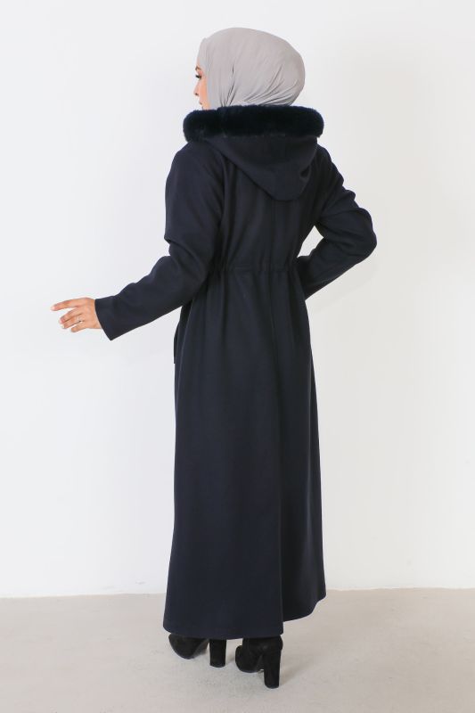 Kaschmirmantel i. v. Länge mit verstecktem Reißverschluss u. Kapuze / Navy Blau