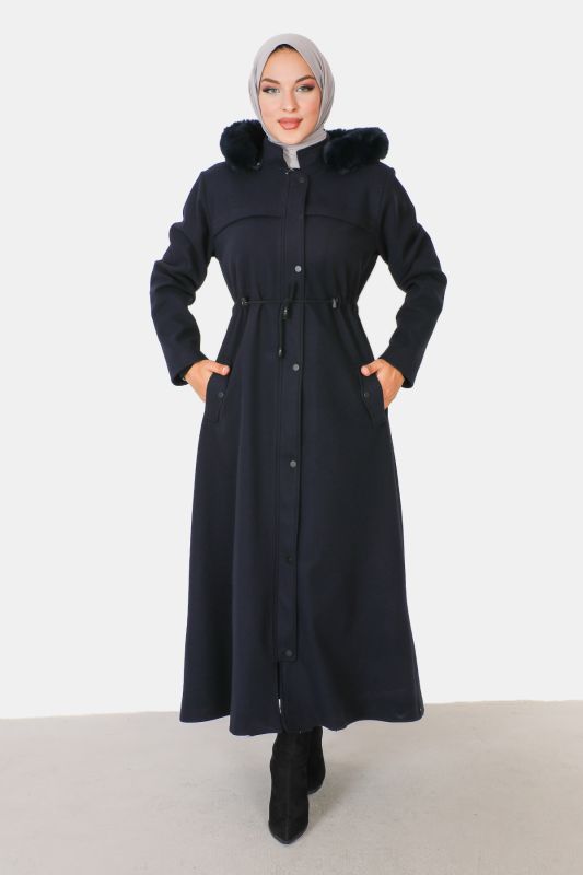 Kaschmirmantel i. v. Länge mit verstecktem Reißverschluss u. Kapuze / Navy Blau