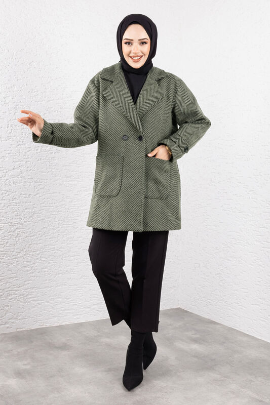 Kaschmirmantel mit Fischgrätmuster, Taschen und Knöpfe / Khaki