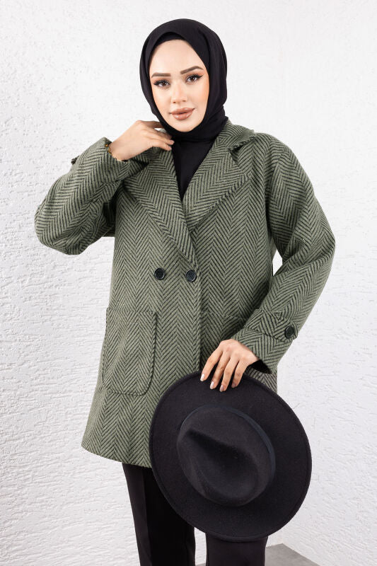 Kaschmirmantel mit Fischgrätmuster, Taschen und Knöpfe / Khaki
