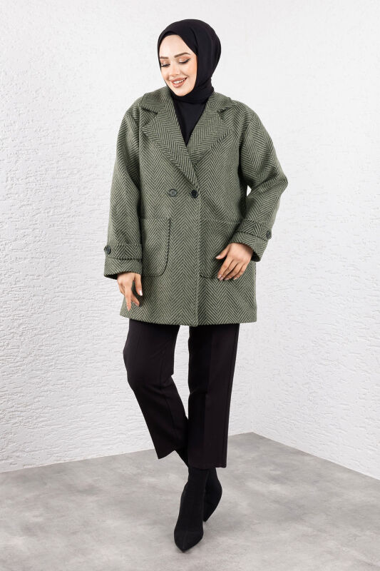 Kaschmirmantel mit Fischgrätmuster, Taschen und Knöpfe / Khaki