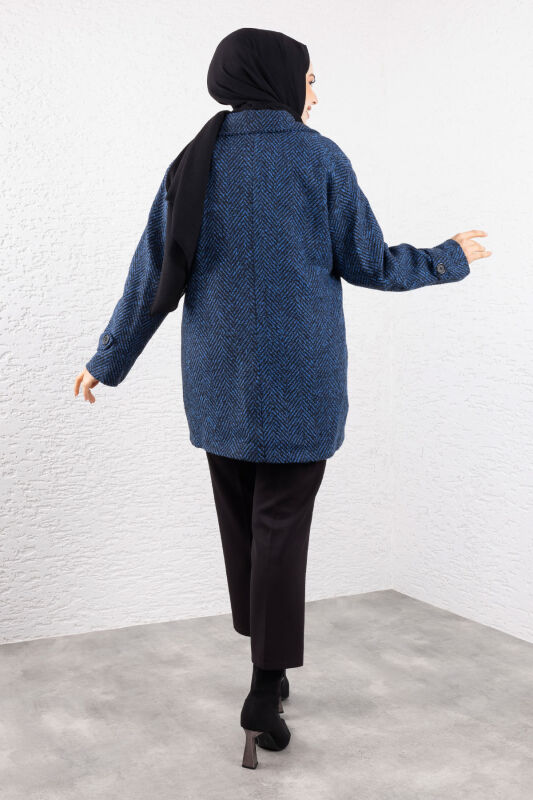 Kaschmirmantel mit Fischgrätmuster, Taschen und Knöpfe / Navy Blau