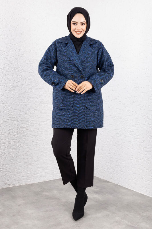 Kaschmirmantel mit Fischgrätmuster, Taschen und Knöpfe / Navy Blau