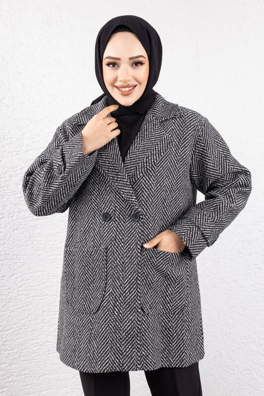 Kaschmirmantel mit Fischgrätmuster, Taschen und Knöpfe / Schwarz