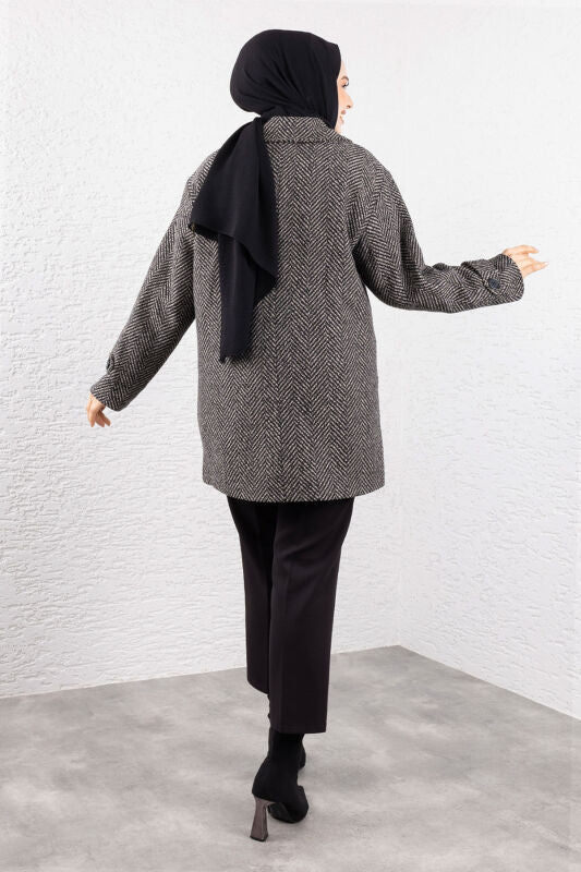 Kaschmirmantel mit Fischgrätmuster, Taschen und Knöpfe / Beige