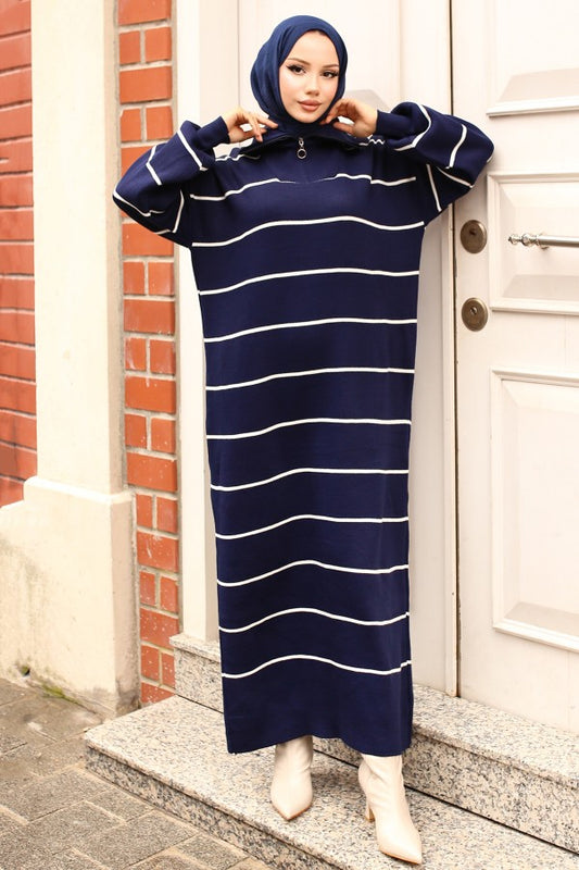 Strickkleid gestreift mit Halbreißverschluss / Navy Blau