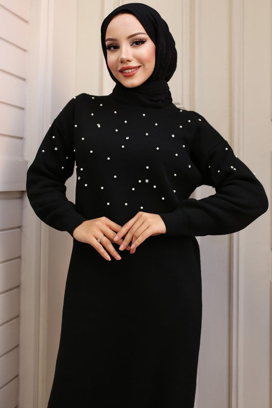 Strickkleid mit Perlen u. Steine / Schwarz
