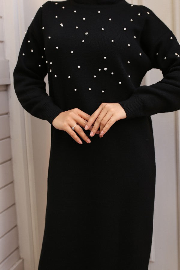 Strickkleid mit Perlen u. Steine / Schwarz