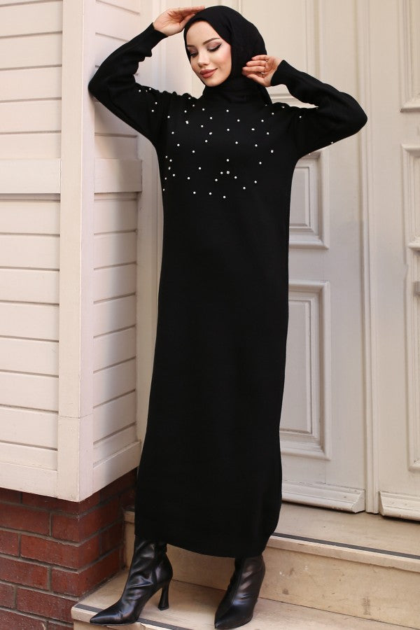 Strickkleid mit Perlen u. Steine / Schwarz