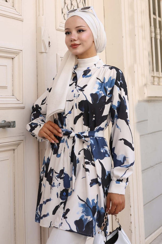 Tunika mit Muster, Knöpfen, Gürtel / Navy Blau