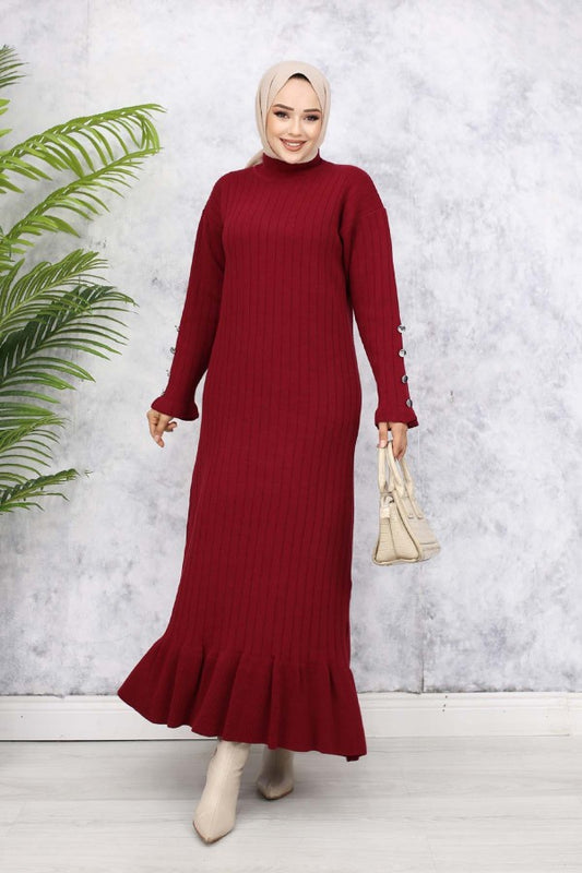 Strickkleid gerippt mit Volantrock / Bordeaux