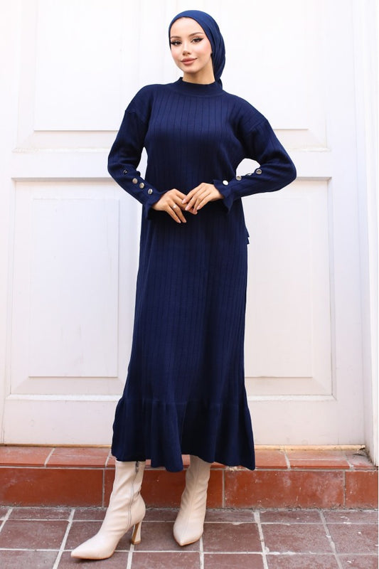 Strickkleid gerippt mit Volantrock / Navy Blau