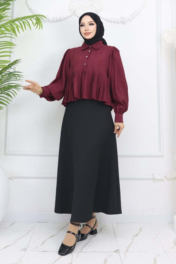 Bluse kurz mit Faltenoptik / Bordeaux