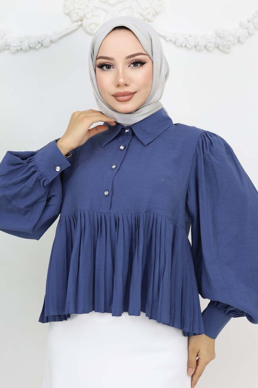 Bluse kurz mit Faltenoptik / Indigo Blau