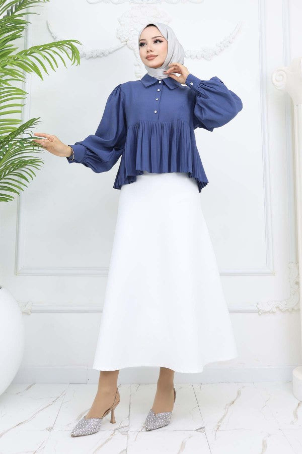 Bluse kurz mit Faltenoptik / Indigo Blau