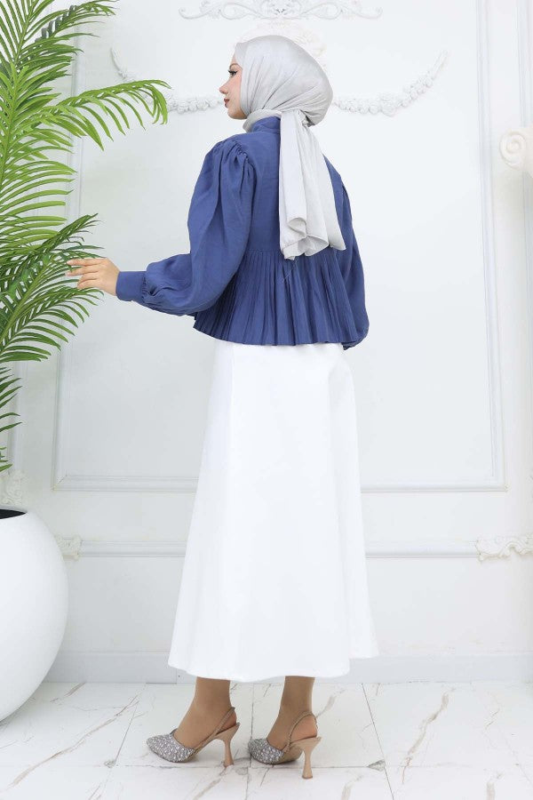 Bluse kurz mit Faltenoptik / Indigo Blau